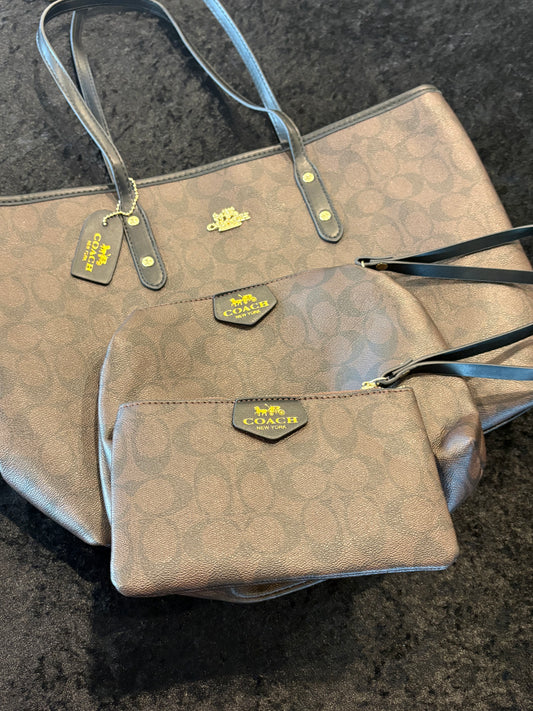 Luxe Trio Travel Set – Brown Monogram Tote, Pouch & Wristlet