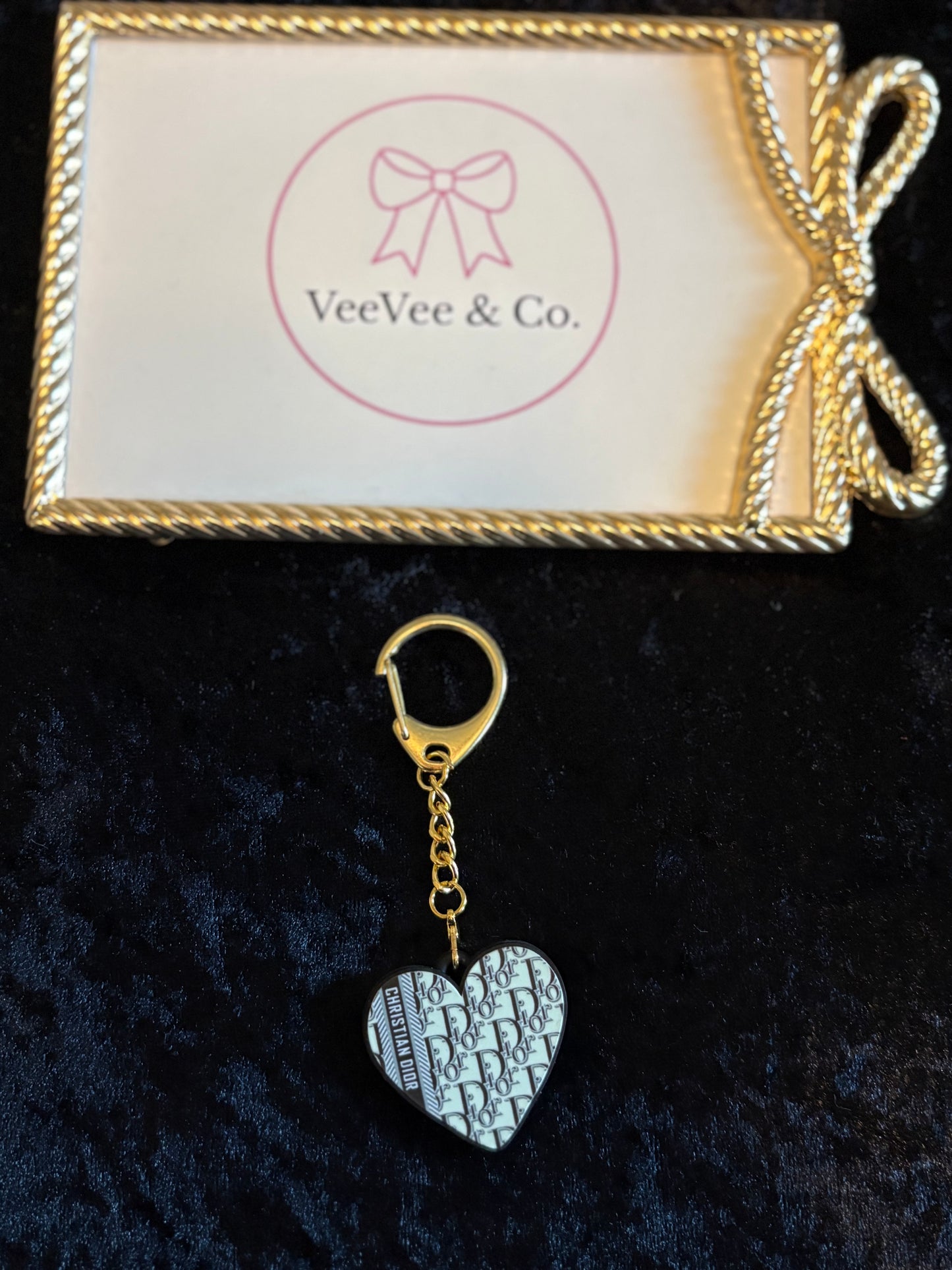 Navy Blue Heart Keychain – Boutique Signature Style | Double-Sided Charm with Gold Clasp