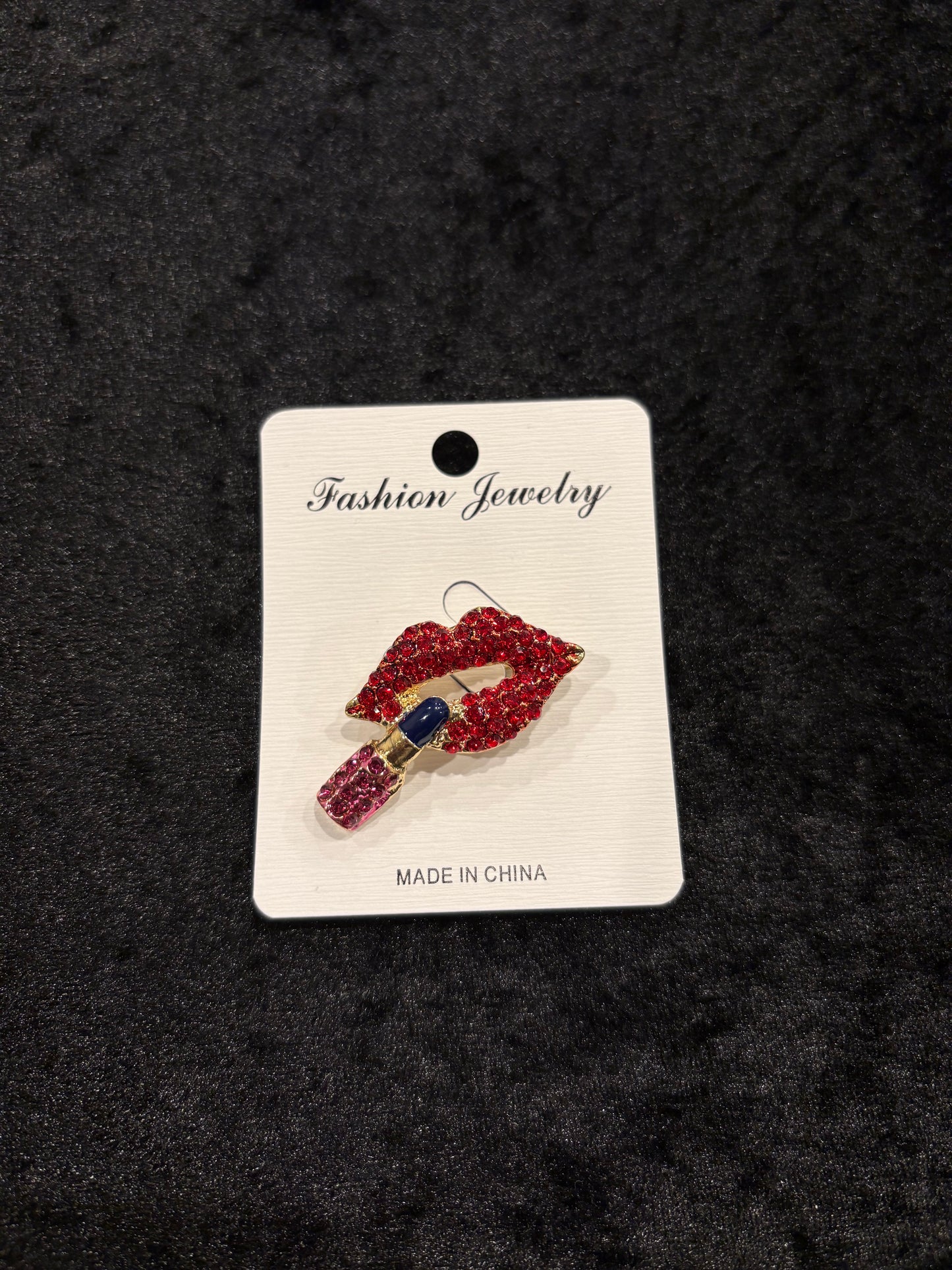 Ruby Kiss Red Lips & Lipstick Rhinestone Brooch