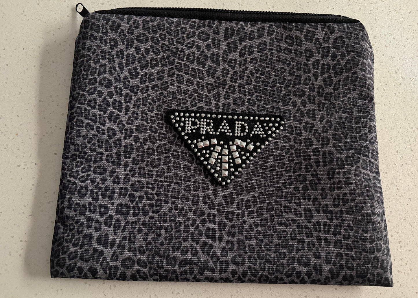 Chic Gray Leopard Rhinestone Zipper Pouch | Everyday Cosmetic & Travel Bag