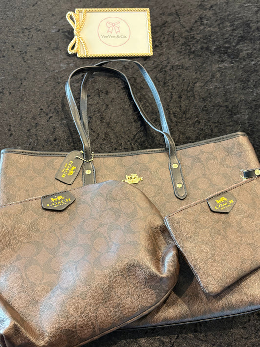 Luxe Trio Travel Set – Brown Monogram Tote, Pouch & Wristlet