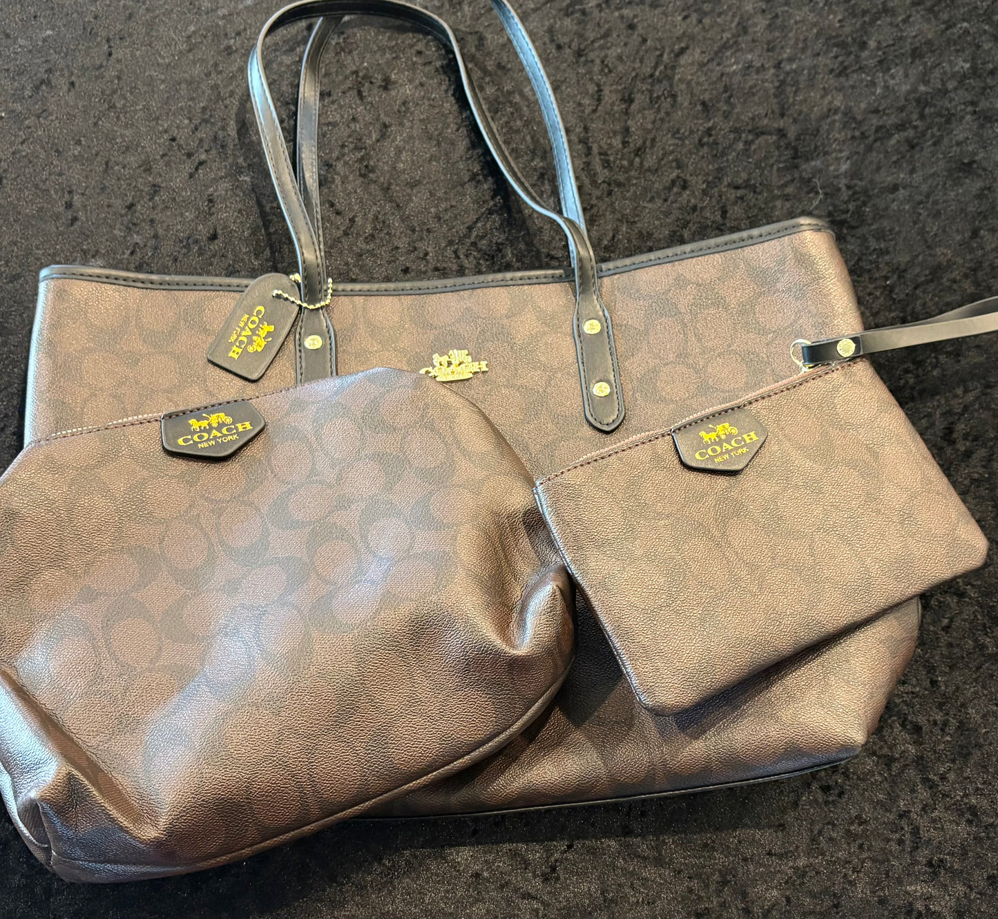Luxe Trio Travel Set – Brown Monogram Tote, Pouch & Wristlet
