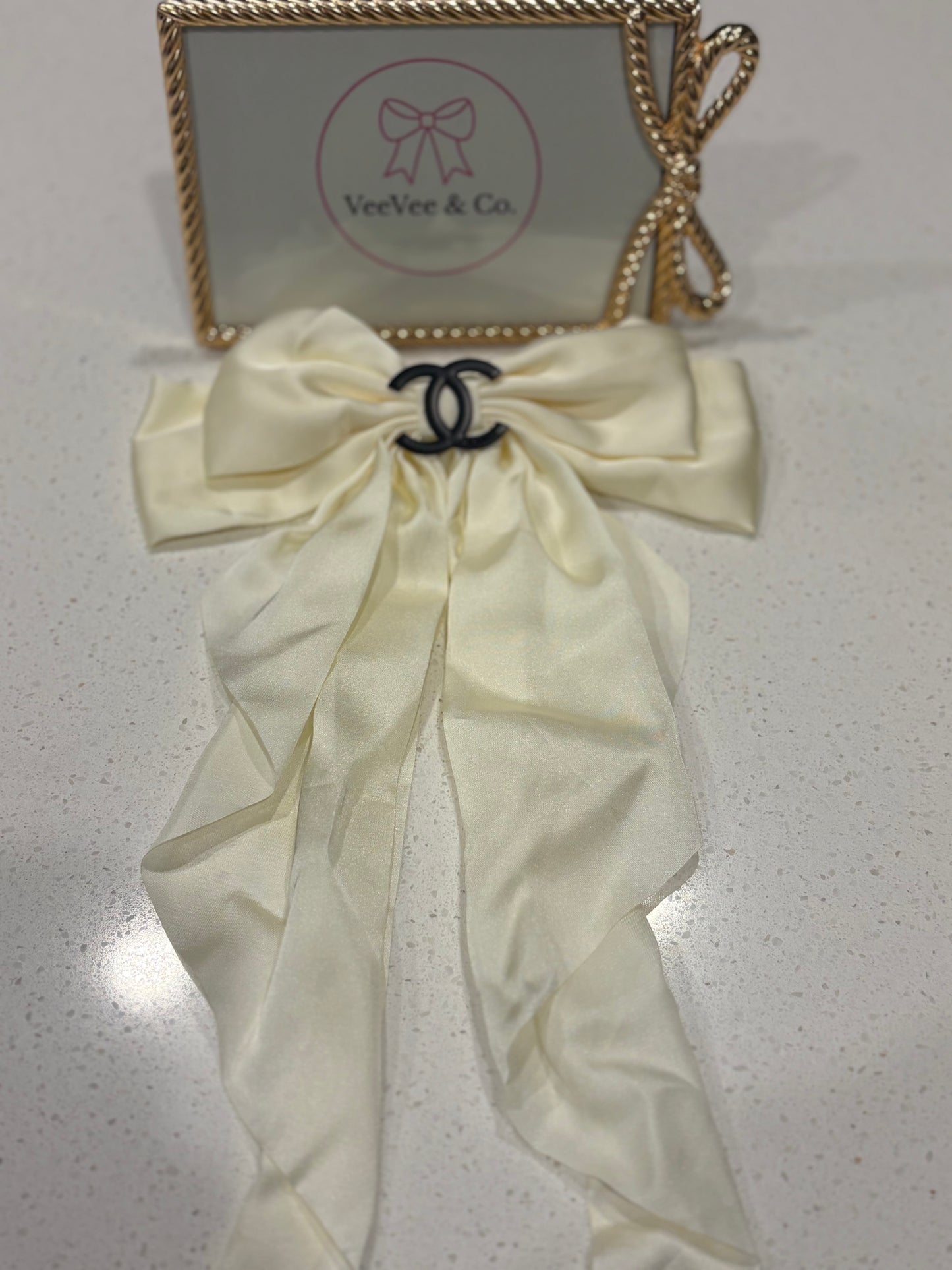 Elegant Cream Satin CC Logo Hair Bow Barrette