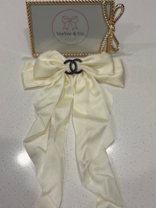 Elegant Cream Satin CC Logo Hair Bow Barrette