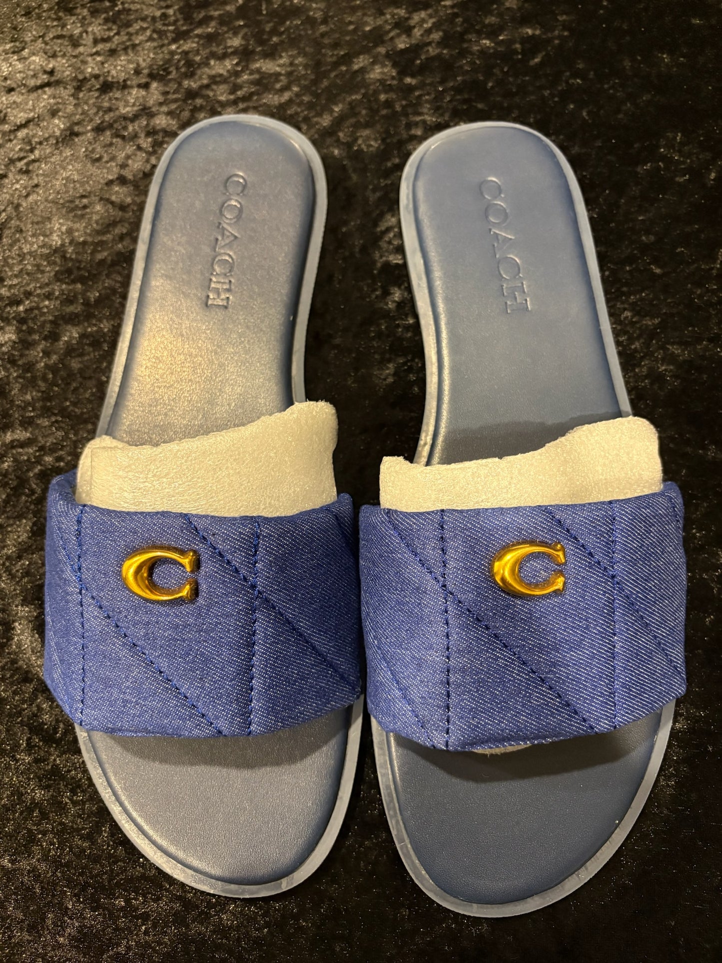 Denim Dream Sandals – Gold Emblem ✨