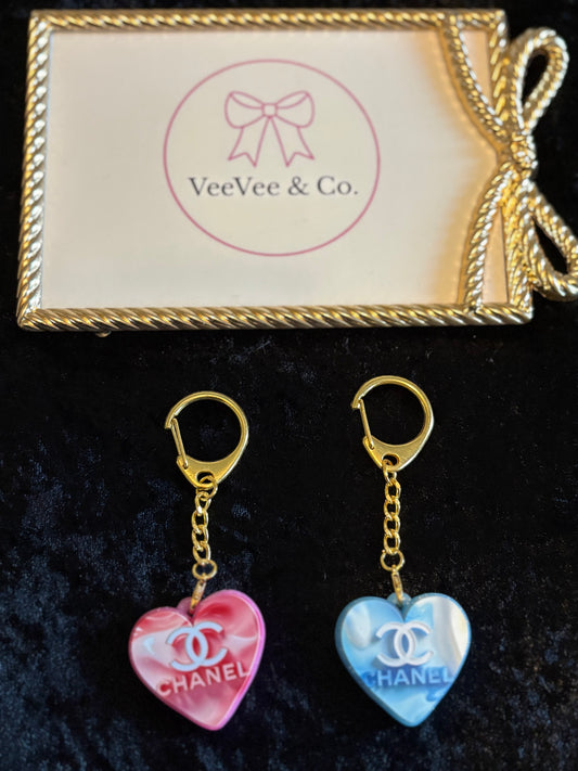 Heart Keychain Duo – Boutique Pink & Blue Styles | Double-Sided Charm with Gold Clasp