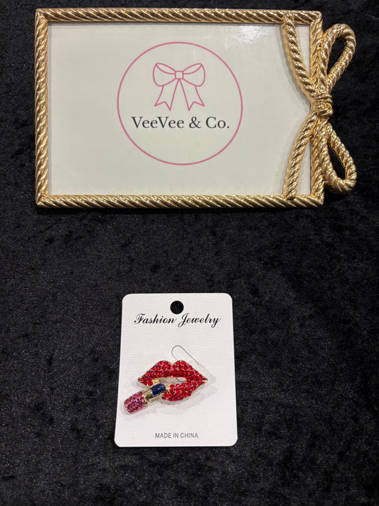 Ruby Kiss Red Lips & Lipstick Rhinestone Brooch