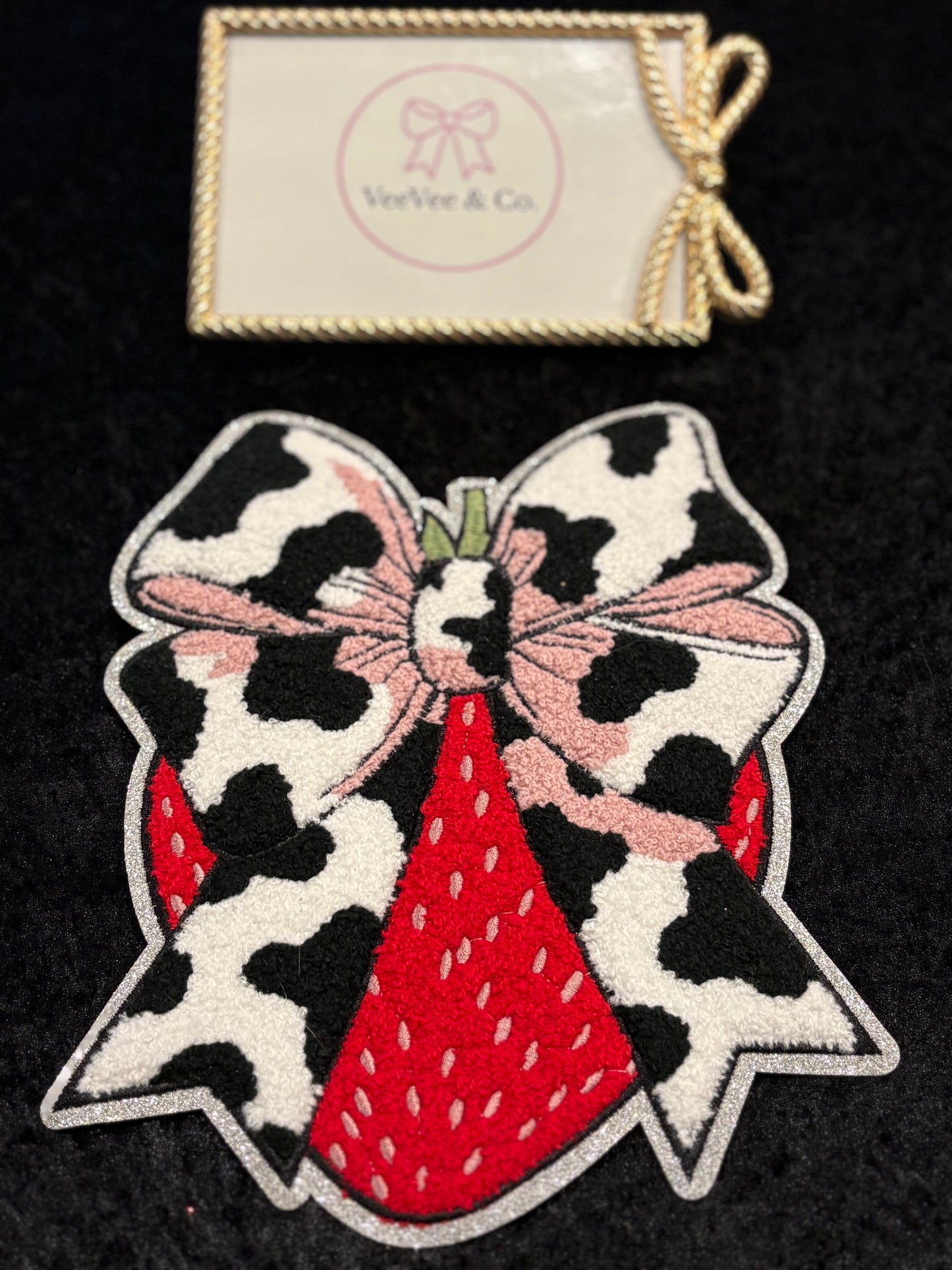 Strawberry Moo Bow Large Iron-On Patch