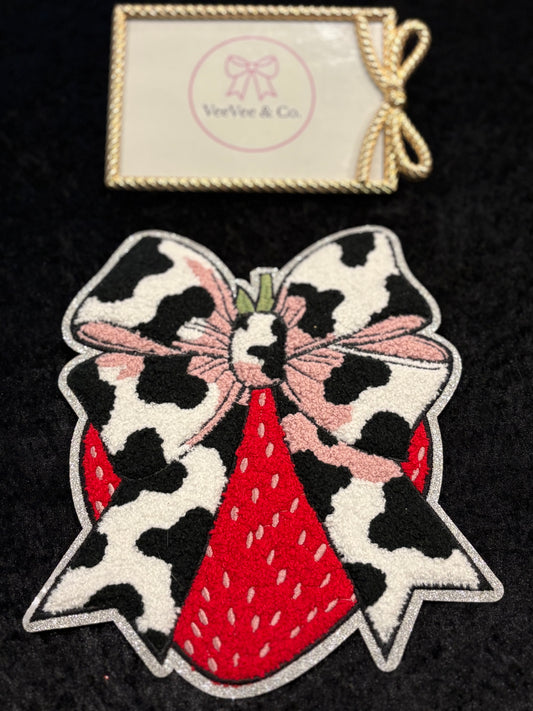 Strawberry Moo Bow Large Iron-On Patch