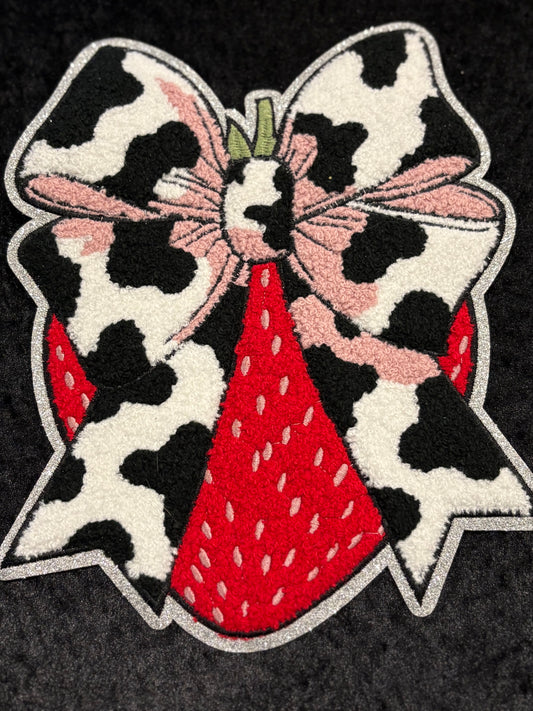 Strawberry Moo Bow Large Iron-On Patch