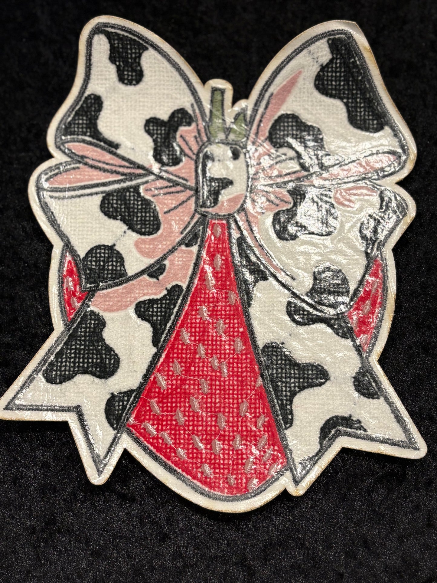 Strawberry Moo Bow Large Iron-On Patch