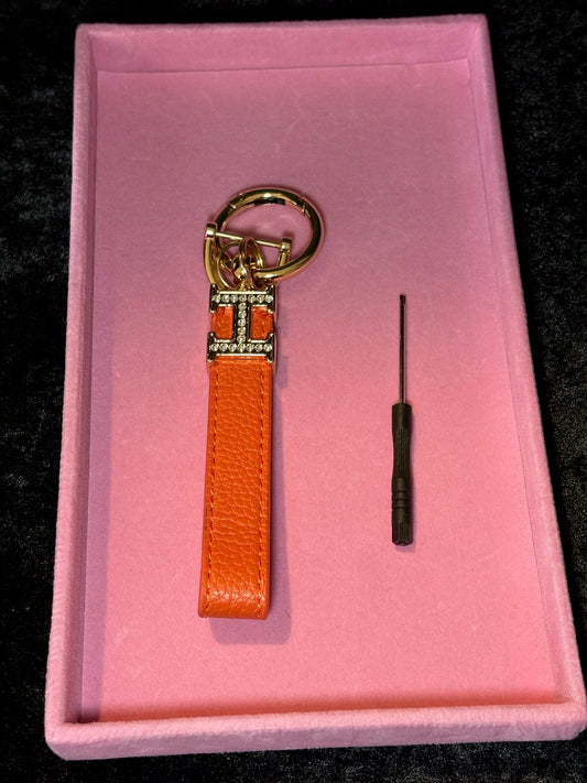 🧡✨ Orange Glam Wristlet | Rhinestone Letter Keychain 💎