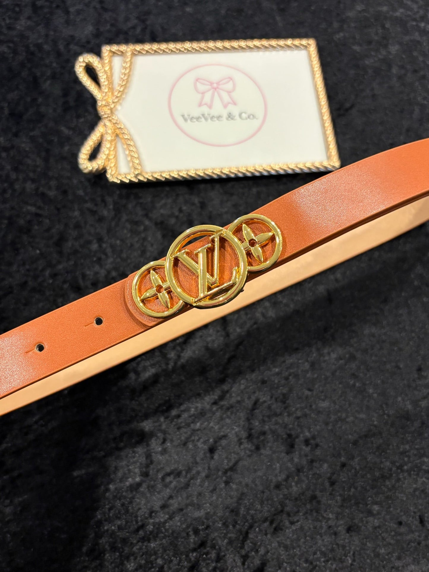 Chestnut Luxe Icon Belt – Slim Monogram-Inspired Gold Buckle