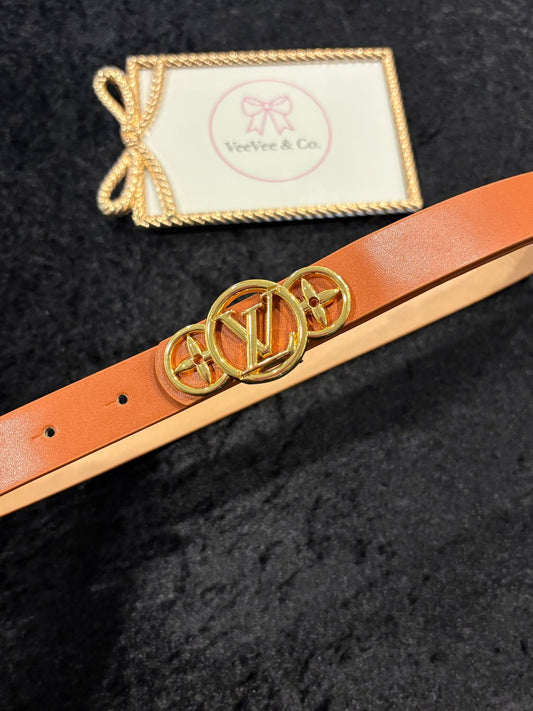 Chestnut Luxe Icon Belt – Slim Monogram-Inspired Gold Buckle