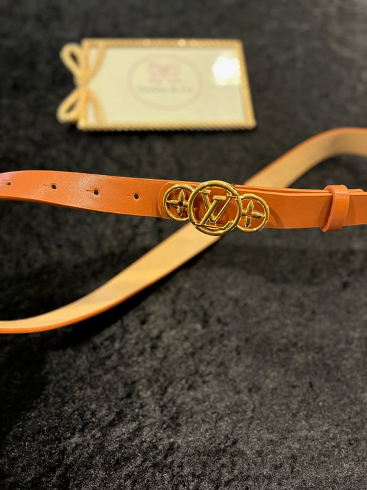 Chestnut Luxe Icon Belt – Slim Monogram-Inspired Gold Buckle
