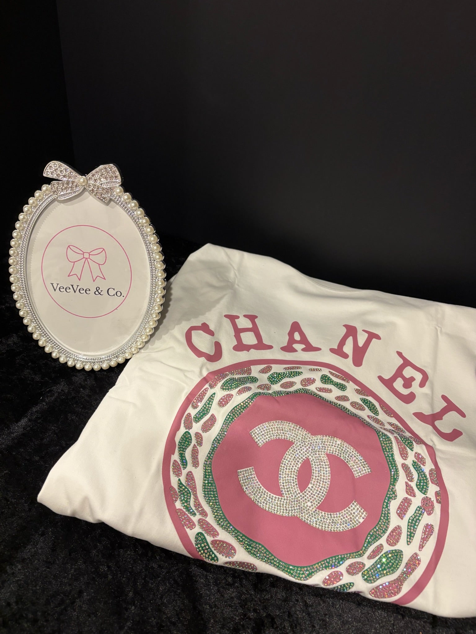 🩷✨ Rhinestone Logo Tee | White + Pretty Pink & Green Sparkle L/XL