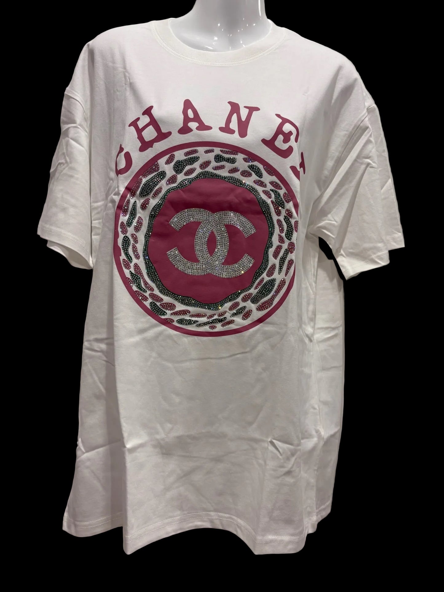 🩷✨ Rhinestone Logo Tee | White + Pretty Pink & Green Sparkle L/XL