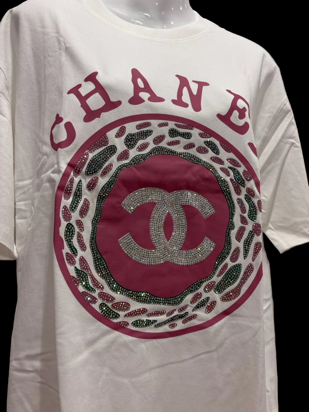 🩷✨ Rhinestone Logo Tee | White + Pretty Pink & Green Sparkle L/XL
